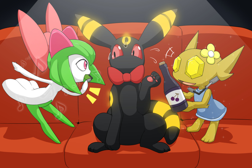 big_bow black_body blue_clothing bottomwear cabaret charlie_(vulapa) clothing earpiece_microphone eeveelution female flower_on_head furniture generation_2_pokemon generation_3_pokemon green_body hi_res kirlia kitana_(vulapa) male markings nintendo pokemon pokemon_(species) sableye shiny_pokemon skirt sofa sweating_profusely umbreon vulapa white_clothing wine_bottle yellow_body yellow_eyes yellow_markings