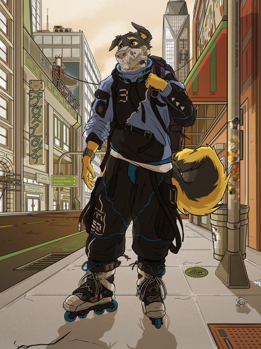 2023 anthro artist_name avery_(vir-no-vigoratus) backpack black_body black_fur brown_eyes building canid canine canis city clock clothing curled_tail detailed_background digital_media_(artwork) domestic_dog english_text floppy_ears flynn_(superjfur) fur hi_res kemira kemira_redearth_(character) liam_(tempestus_vulpis) male mammal mastiff molosser multicolored_body multicolored_fur muzzle_(object) muzzled number_on_clothing oversized_clothing pockets roller_skates rottweiler skyscraper solo sticker straps street streetwear tail techwear text two_tone_body two_tone_fur vulan_(flyinfox) watch wristwatch yellow_body yellow_fur