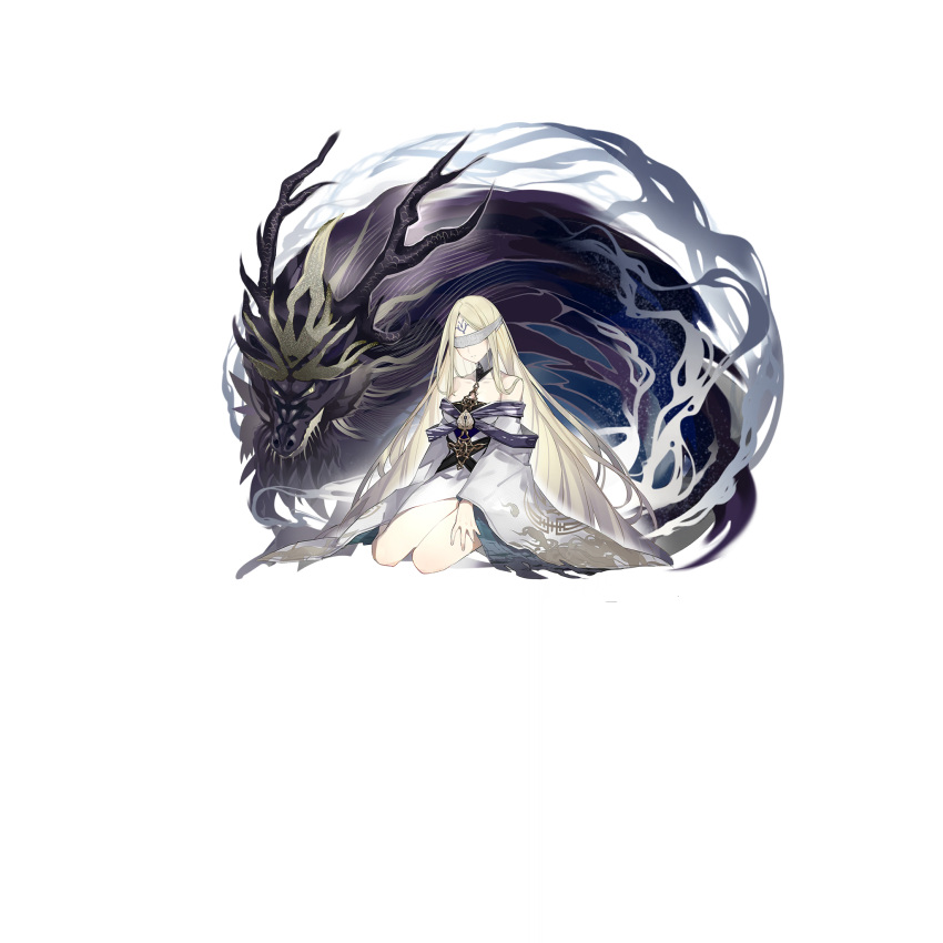 bare_shoulders benghuai_xueyuan blindfold blonde_hair breasts dragon eastern_dragon facial_mark female forehead_mark full_body grey_blindfold highres honkai_(series) hundun_(benghuai_xueyuan) long_hair official_art sitting third-party_source transparent_background wide_sleeves yellow_eyes