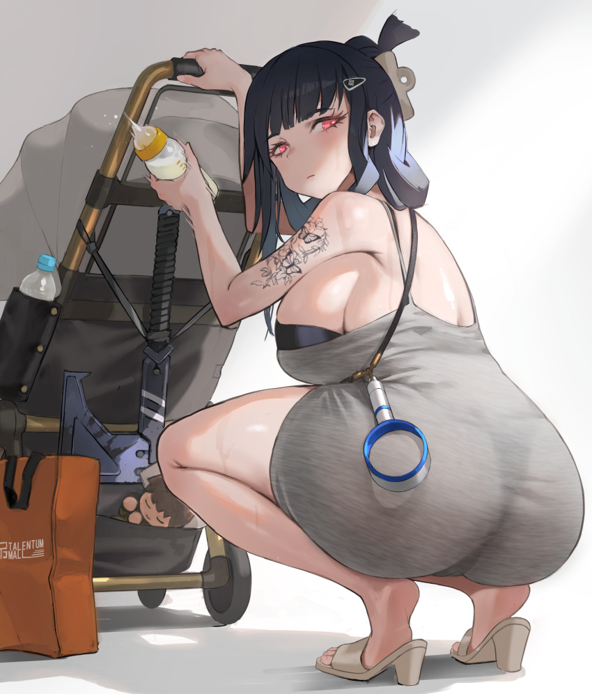 absurdres ass baby_bottle back bare_shoulders bent_over black_bra black_hair bladeless_fan bottle bra bra_peek breasts closed_mouth d_(nikke) dress female from_behind full_body goddess_of_victory:_nikke hair_ornament hairclip high_heels highres huge_ass huge_breasts large_breasts looking_at_viewer looking_back lukapia motherly panties red_eyes sandals see-through short_dress sideboob soles squatting stroller tattoo thong underwear