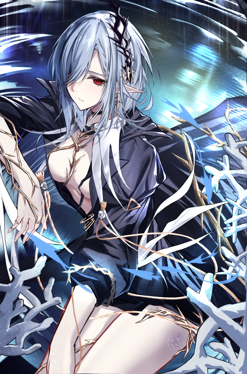 absurdres arknights black_choker breasts center_opening choker cleavage commentary earrings gladiia_(arknights) gladiia_(i_am_the_tides)_(arknights) grey_hair hair_over_one_eye highres jewelry medium_breasts medium_hair mo_komo_momo official_alternate_costume pointy_ears red_eyes ring