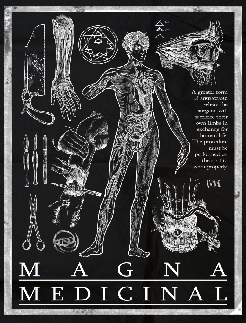 1boy anatomy artist_name black_background bonesaw commentary cropped_arm daan_(fear_&_hunger) english_text eyepatch fear_&_hunger fear_&_hunger_2:_termina full_body greyscale highres holding_scalpel male_focus medical_eyepatch monochrome negative rawmune saw scalpel