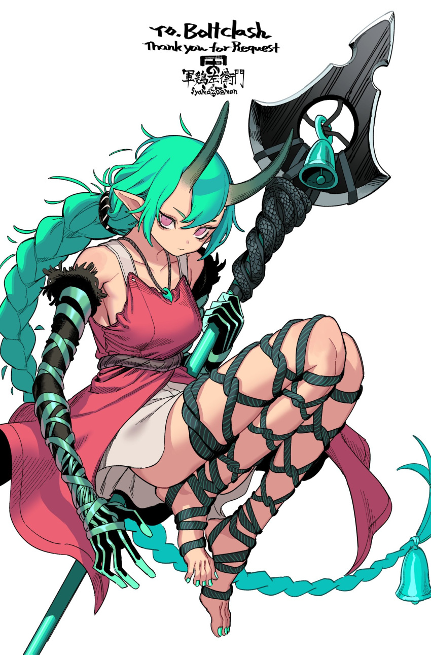 artist_name ass ass_peek bags_under_eyes bare_legs bare_shoulders barefoot bell black_gloves black_rope braid breasts collarbone commentary_request commission demon_girl demon_horns detached_sleeves dress english_text engrish_text feet female floating glaring gloves green_gloves green_hair green_nails green_rope hair_bell hair_ornament highres holding holding_polearm holding_weapon horns jade_(boltclash) jade_pendant jewelry long_braid long_hair long_horns long_toes looking_at_viewer magatama magatama_necklace medium_breasts nail_polish necklace oni original pointy_ears polearm purple_eyes ranguage red_dress rope rope_belt rope_legwear sideboob single_braid skeb_commission skirt solo spear thank_you toenail_polish toenails toes translation_request very_long_hair weapon white_background white_skirt wiggling_toes ztoriataming