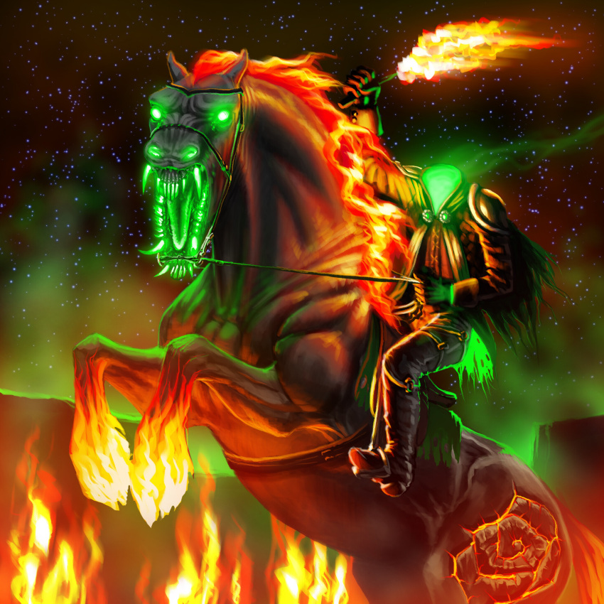 2023 5_fingers black_body black_boots black_cape black_clothing black_footwear black_fur black_gloves black_handwear boots bridle cape clothing colored digital_media_(artwork) digital_painting_(artwork) draft_horse dress_shirt duo equid equine fangs female feral fingers fire flaming_hair flaming_hooves flaming_mane footwear fur galloper_thompson ghost gloves glowing glowing_eyes glowing_mouth green_eyes green_fangs green_teeth green_tongue handwear headless_male hi_res holding_object holding_reins holding_torch hooves horse humanoid leda456 male mammal morrigan_(star_stable_online) nemain night no_pupils on_hind_legs orange_hooves outside pseudo_hair pseudo_mane quadruped red_dress_shirt reins saddle shaded shire shirt shoulder_guards sky smoke spirit star star_stable_online starry_sky teeth tongue topwear torch torn_cape torn_clothing