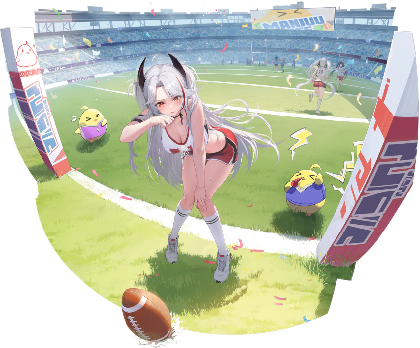 6+girls american_football american_football_(object) antenna_hair ass azur_lane ball black_choker blush breasts byulzzi choker cleavage crop_top formidable_(azur_lane) full_body grey_hair hair_ribbon hand_on_own_face hand_on_own_knee highres horns large_breasts long_hair looking_at_viewer manjuu_(azur_lane) midriff multicolored_hair multiple_girls noshiro_(azur_lane) number_print official_alternate_costume official_art orange_eyes prinz_eugen_(azur_lane) prinz_eugen_(brilliant_touchdown)_(azur_lane) red_hair red_shorts ribbon shoes shorts sleeveless sneakers socks solo_focus stadium streaked_hair sweat tress_ribbon two_side_up very_long_hair whistle white_footwear white_ribbon white_socks