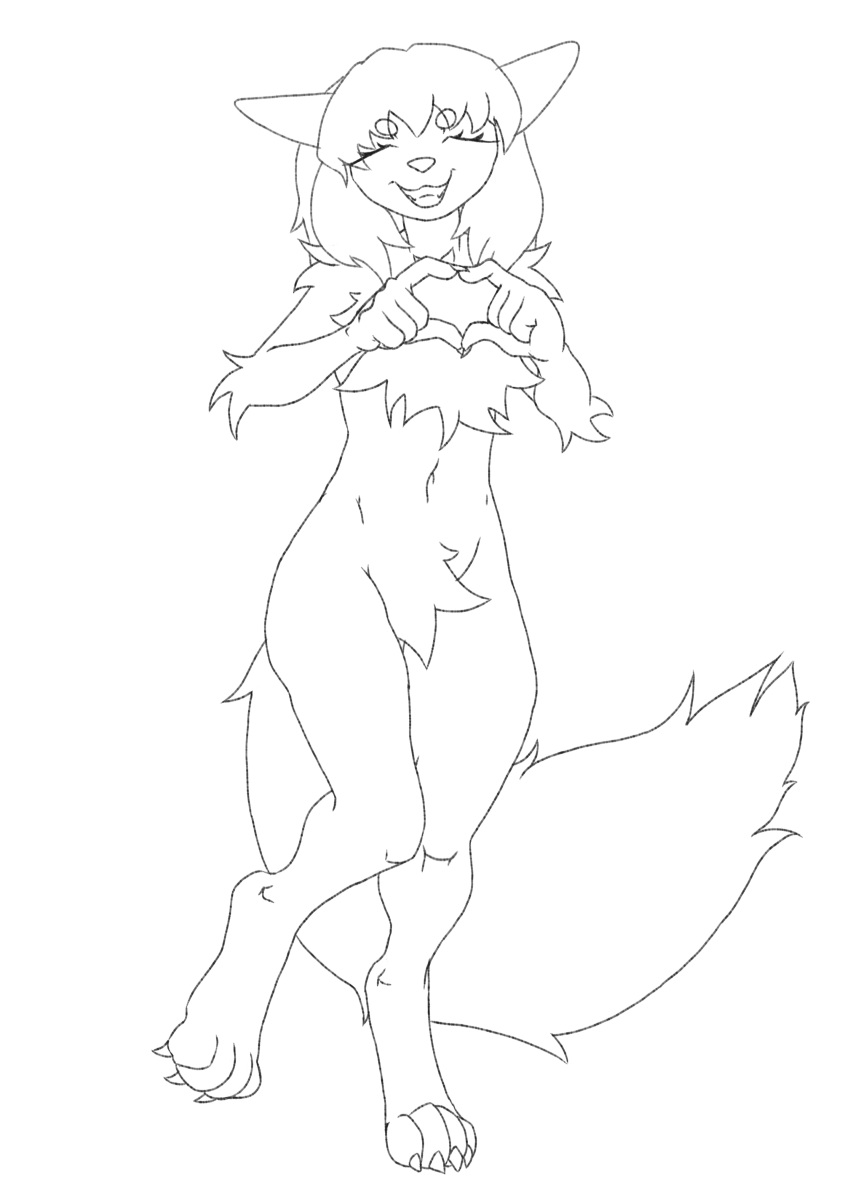 absurd_res anthro averi_(fiddleafox) big_tail black_and_white canid canine drawfren female fox gesture hand_heart happy hi_res mammal monochrome on_one_leg one_leg_up raised_leg smile solo standing tail teeth