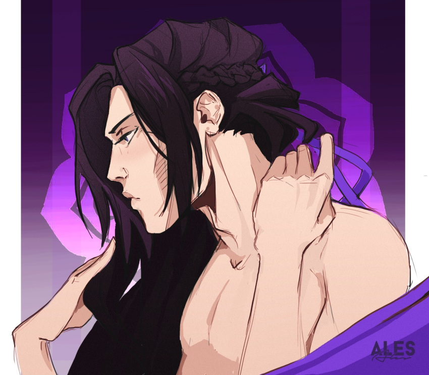 1boy ales bare_shoulders border braid frown hair_ribbon half_up_braid highres jiang_cheng long_hair male_focus modao_zushi portrait profile purple_background purple_eyes purple_hair purple_ribbon purple_robe purple_theme ribbon robe side_braid topless_male white_border