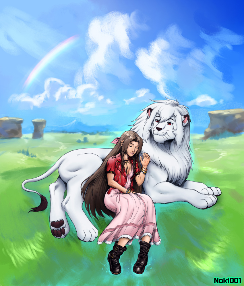 absurd_res aerith_gainsborough blue_sky bracelet closed_eyes clothing detailed_background dress duo female feral final_fantasy final_fantasy_vii footwear fur grass hi_res human jewelry kimba kimba_the_white_lion landscape_background male mammal mane mouth_closed necklace noki001 osamu_tezuka pawpads paws plant rainbow shoes sitting sky smile square_enix sunny whiskers white_body white_clouds white_fur white_mane