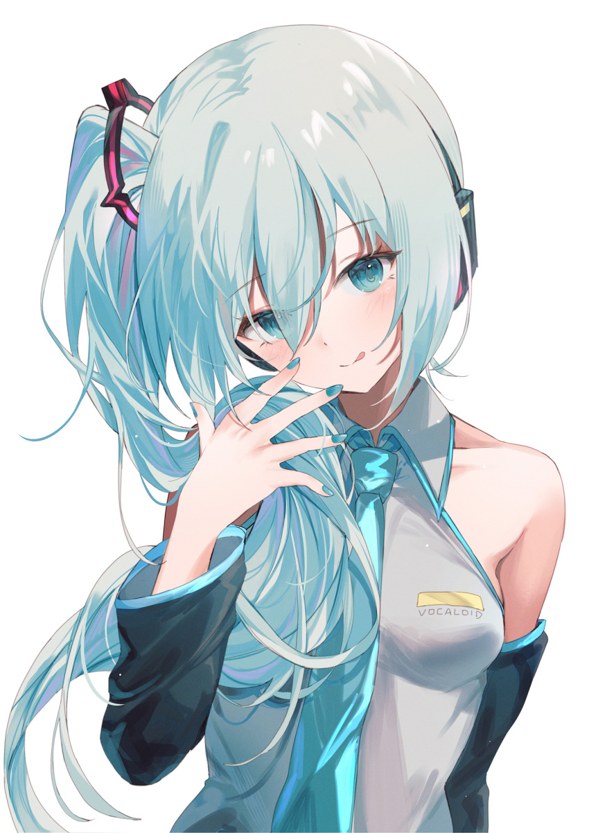 :p aqua_eyes aqua_hair aqua_necktie breasts collar commentary derivative_work detached_sleeves female grey_shirt hair_between_eyes hatsune_miku hatsune_miku_(noodle_stopper) highres long_hair looking_at_viewer meme miyasaka_miyabi necktie photo-referenced ponytail shirt sidetail_miku_noodle_stopper_(meme) simple_background sleeveless sleeveless_shirt small_breasts tongue tongue_out vocaloid white_background white_collar