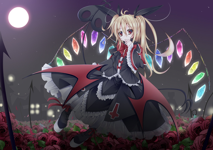 blazblue blonde_hair bow commentary_request cosplay cross dress female flandre_scarlet flower flying full_moon futase_hijiri gothic_lolita hair_ribbon hand_on_own_chin inverted_cross laevatein_(touhou) layered_dress light lolita_fashion looking_at_viewer moon night no_headwear outdoors platform_footwear rachel_alucard rachel_alucard_(cosplay) red_bow red_eyes red_flower red_rose red_wings ribbon rose short_hair side_ponytail sky solo star_(sky) starry_sky touhou wings