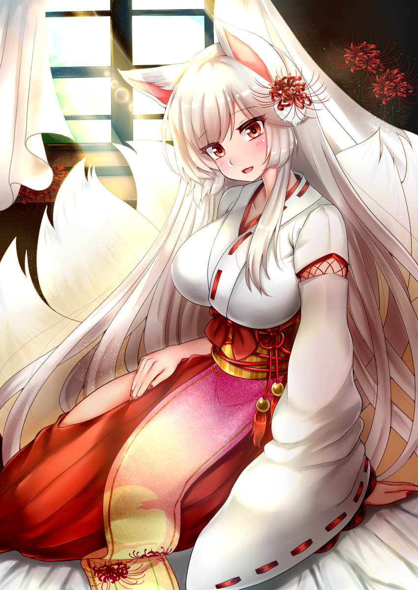 absurdres albino animal_ears ao_(ao_10bx) blush breasts commentary_request female floral_print flower flower_knight_girl fox_ears fox_tail full_body hair_flower hair_ornament hakama hakama_skirt higanbana_(flower_knight_girl) highres japanese_clothes kimono large_breasts light_rays long_hair looking_at_viewer mandala multiple_tails name_connection obi object_namesake pelvic_curtain red_eyes red_flower red_hakama sash sitting skirt smile solo spider_lily spider_lily_print sunlight tail white_hair white_kimono window yokozuwari