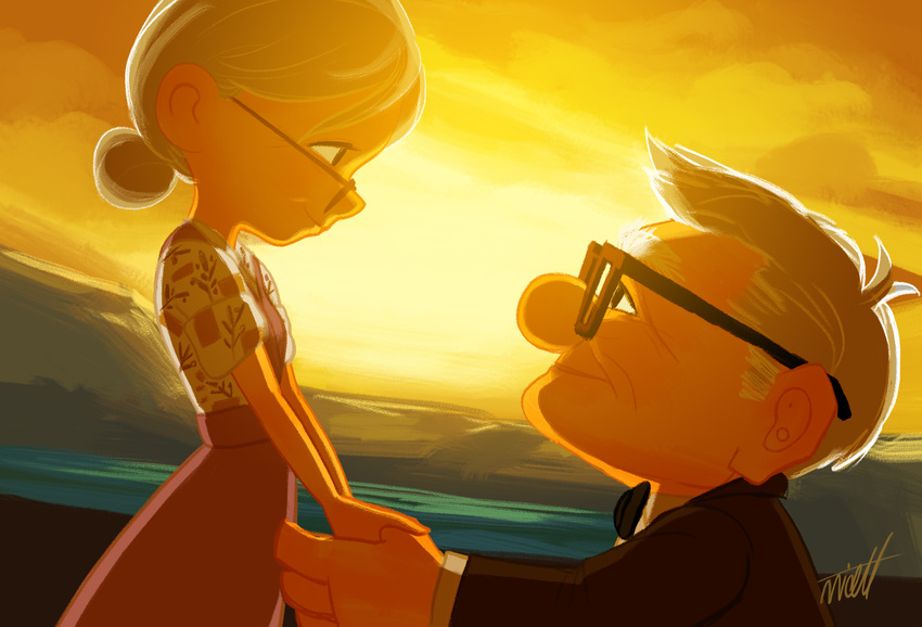 1boy carl_fredricksen commentary_request ellie_fredricksen female glasses highres miacat old old_man old_woman photoshop_(medium) short_hair skirt smile up_(disney) white_hair