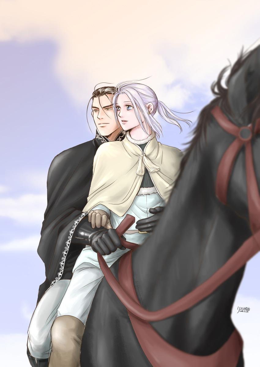 2boys absurdres arslan arslan_senki black_cape black_footwear black_hair blue_eyes blue_sky boots brown_eyes brown_footwear brown_gloves cape capelet commentary_request daryoon dated day earrings gauntlets gloves grey_pants highres horse horseback_riding jewelry knee_boots long_hair male_focus multiple_boys multiple_riders outdoors pants ponytail reins riding risuusagi2 sky stud_earrings thigh_boots thighhighs white_hair