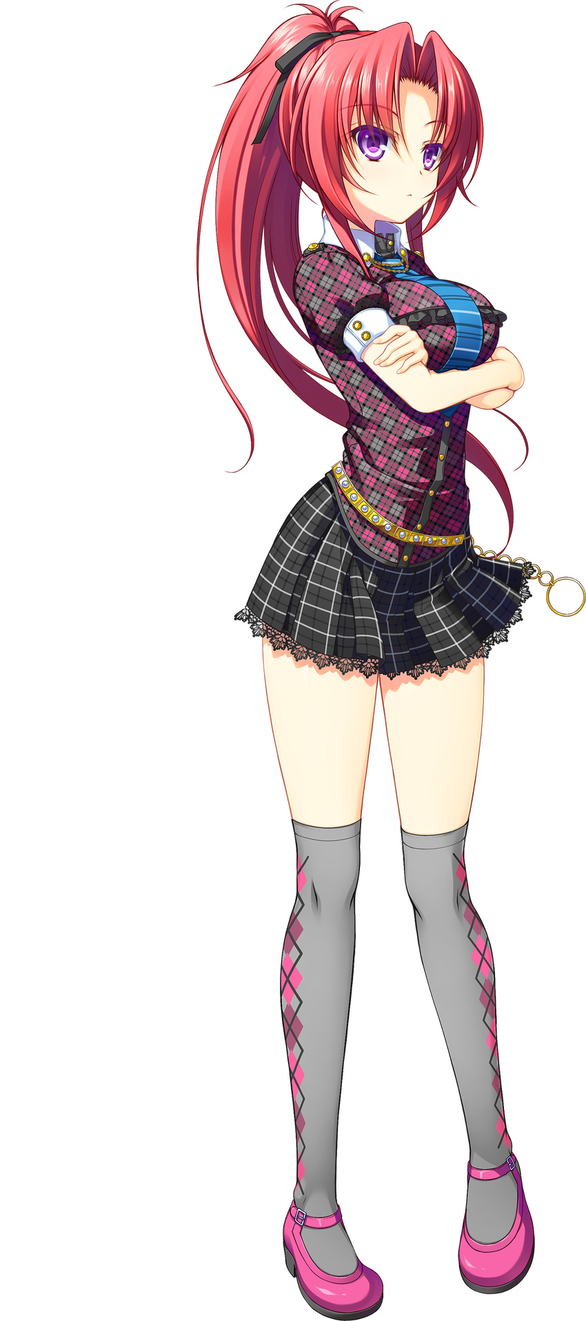 absurdres asami_asami crossed_arms expressionless female full_body grey_thighhighs hair_ribbon high_ponytail highres long_hair mary_janes necktie over-kneehighs pigeon-toed pink_footwear pink_hair plaid plaid_shirt plaid_skirt purple_eyes re:birth_colony ribbon rindou_ruri_(re:birth) shirt shoes short_sleeves skirt solo standing thighhighs transparent_background