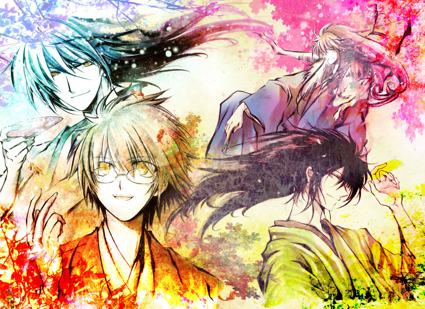 4boys black_hair commentary_request cup dual_persona family father_and_son glasses in_tree leaf long_hair multicolored_hair multiple_boys nekoritatsuki nura_rihan nura_rihyon nura_rikuo nurarihyon_no_mago sakazuki scarf sitting sitting_in_tree smile tree wolf yellow_eyes