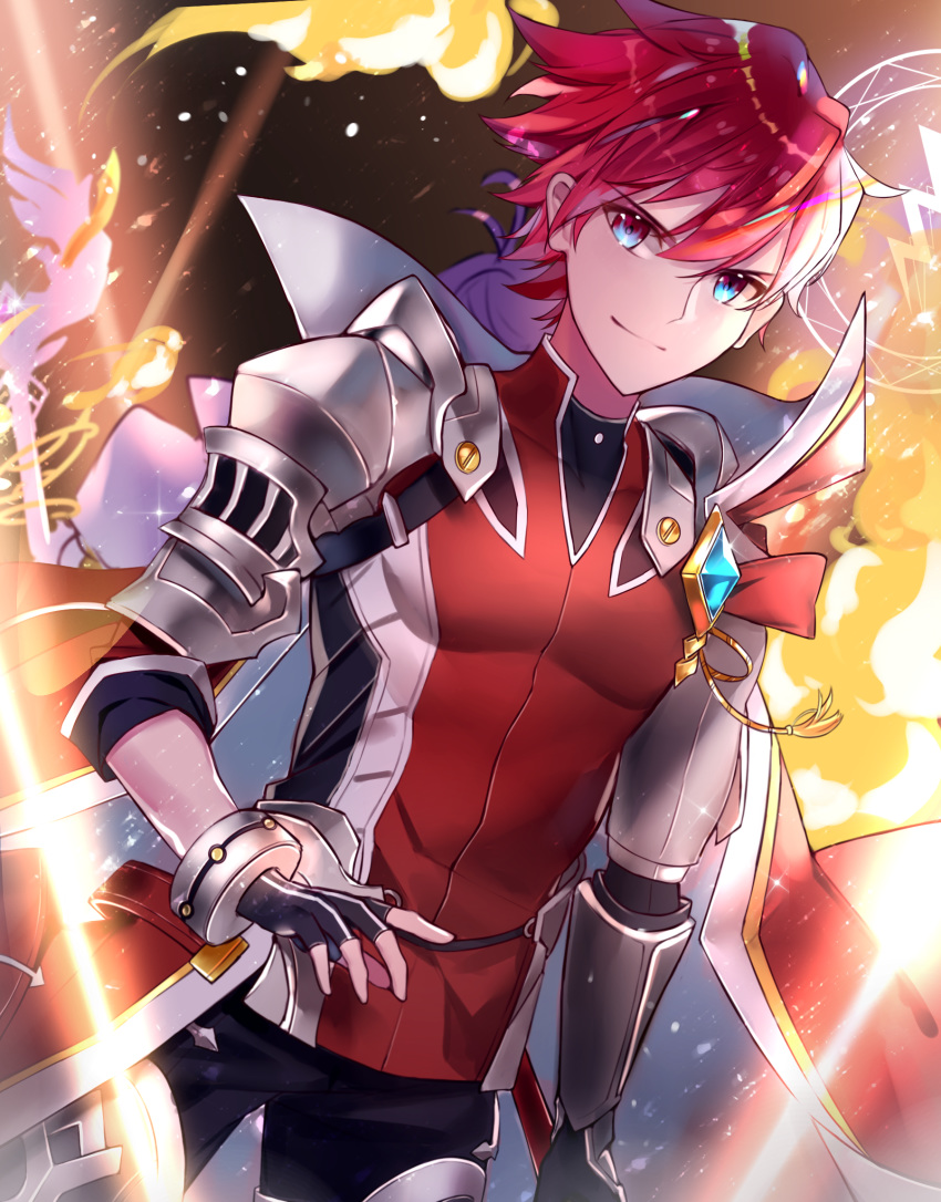 1boy aether_sage_(elsword) aisha_landar armor back-to-back bad_id bad_pixiv_id bracelet cloak commentary elsword elsword_(character) female fingerless_gloves fire gem gloves gradient_eyes highres jewelry knight_emperor_(elsword) lium multicolored_eyes red_hair shoulder_armor smile