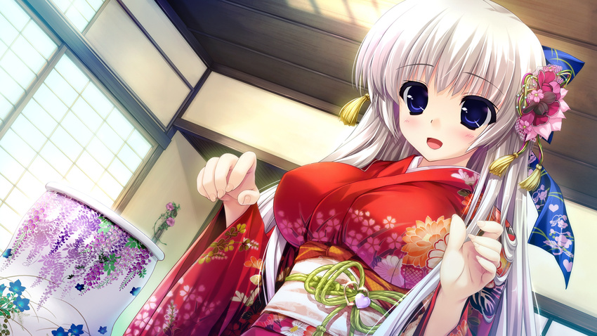 absurdres aina_ashwin blue_eyes blush female female flower game_cg hair_ornament highres japanese_clothes kimono long_hair open_mouth prism_recollection! shintarou smile solo white_hair yukata