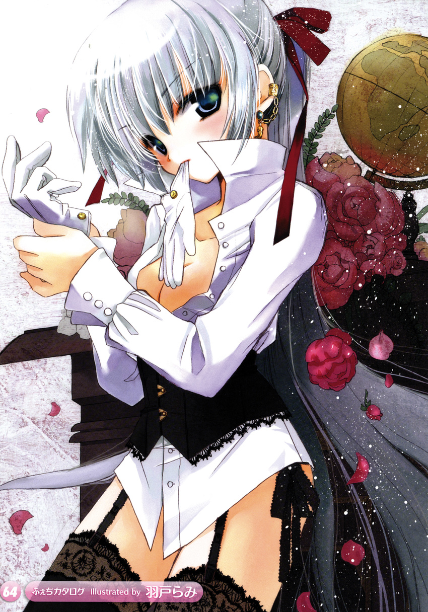 blue_eyes bottomless cleavage dress_shirt flower garter_belt globe gloves hato_no_tamago hato_rami long_hair mouth_hold open_shirt ponytail rami silver_hair stockings thighhighs very_long_hair