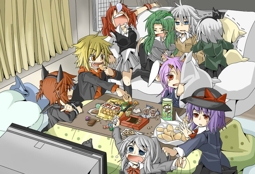 6+girls @_@ alternate_costume animal_ears arm_grab arms_up blazer blonde_hair blue_eyes braid candy cat_ears chips_(food) chocolate closed_eyes commentary contemporary couch covering_face curtains drooling eating food frog_hair_ornament grabbing_another's_hair green_hair grey_hair hachiman_(douno) hair_ornament hair_ribbon hat hat_ribbon hiding izayoi_sakuya jacket jagariko julius_pringles kaenbyou_rin kochiya_sanae konpaku_youmu kotatsu lighter lollipop long_hair looking_at_viewer mononobe_no_futo multiple_girls nagae_iku no_shoes nose_bubble oerba_yun_fang onozuka_komachi open_mouth pantyhose pillow pocky ponytail pringles pringles_can purple_hair rabbit_ears red_eyes red_hair reisen_udongein_inaba ribbon scared school_uniform serafuku short_hair sidelocks skirt sleeping stage_connection sweat table television toramaru_shou touhou trembling twin_braids wristband yellow_eyes