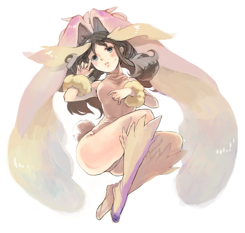 animal_costume animal_ears blue_eyes blush boots brown_hair commentary_request cosplay female full_body hilda_(pokemon) leotard long_hair looking_at_viewer lopunny lopunny_(cosplay) photoshop_(medium) playboy_bunny pokemon pokemon_bw rabbit_ears rabbit_tail solo tail yugimaru_(sugar)