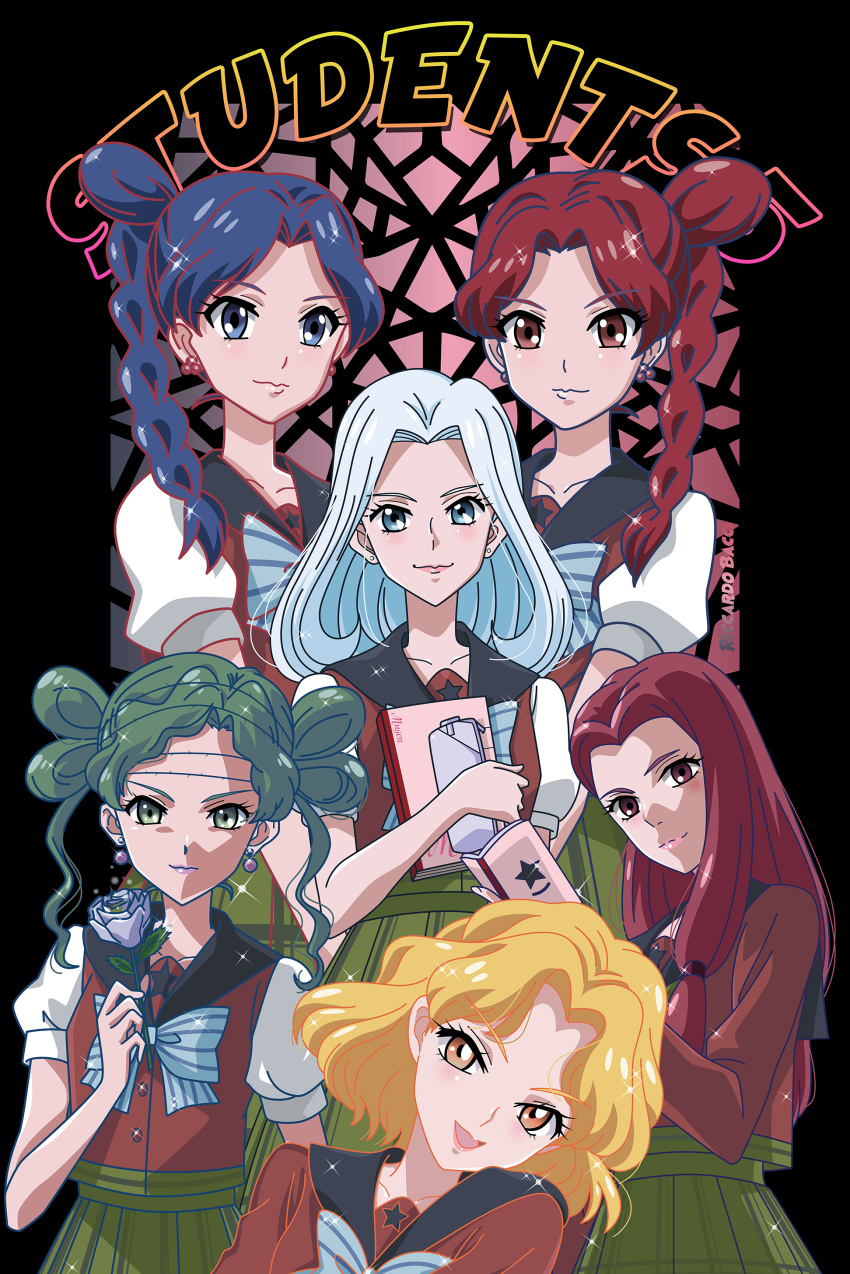 6+girls :3 :d absurdres alternate_costume bishoujo_senshi_sailor_moon bishoujo_senshi_sailor_moon_s blonde_hair blue_eyes blue_hair braid brown_eyes commentary cyprine_(sailor_moon) english_commentary eudial_(sailor_moon) flower green_eyes green_hair green_skirt head_tilt highres long_hair looking_at_viewer mimete_(sailor_moon) mugen_gakuen_school_uniform multiple_girls notebook open_mouth photoshop_(medium) pleated_skirt ptilol_(sailor_moon) red_eyes red_hair riccardo_bacci rose school_uniform serafuku short_hair side_braid side_ponytail skirt smile tellu_(sailor_moon) viluy_(sailor_moon) white_hair witches_5