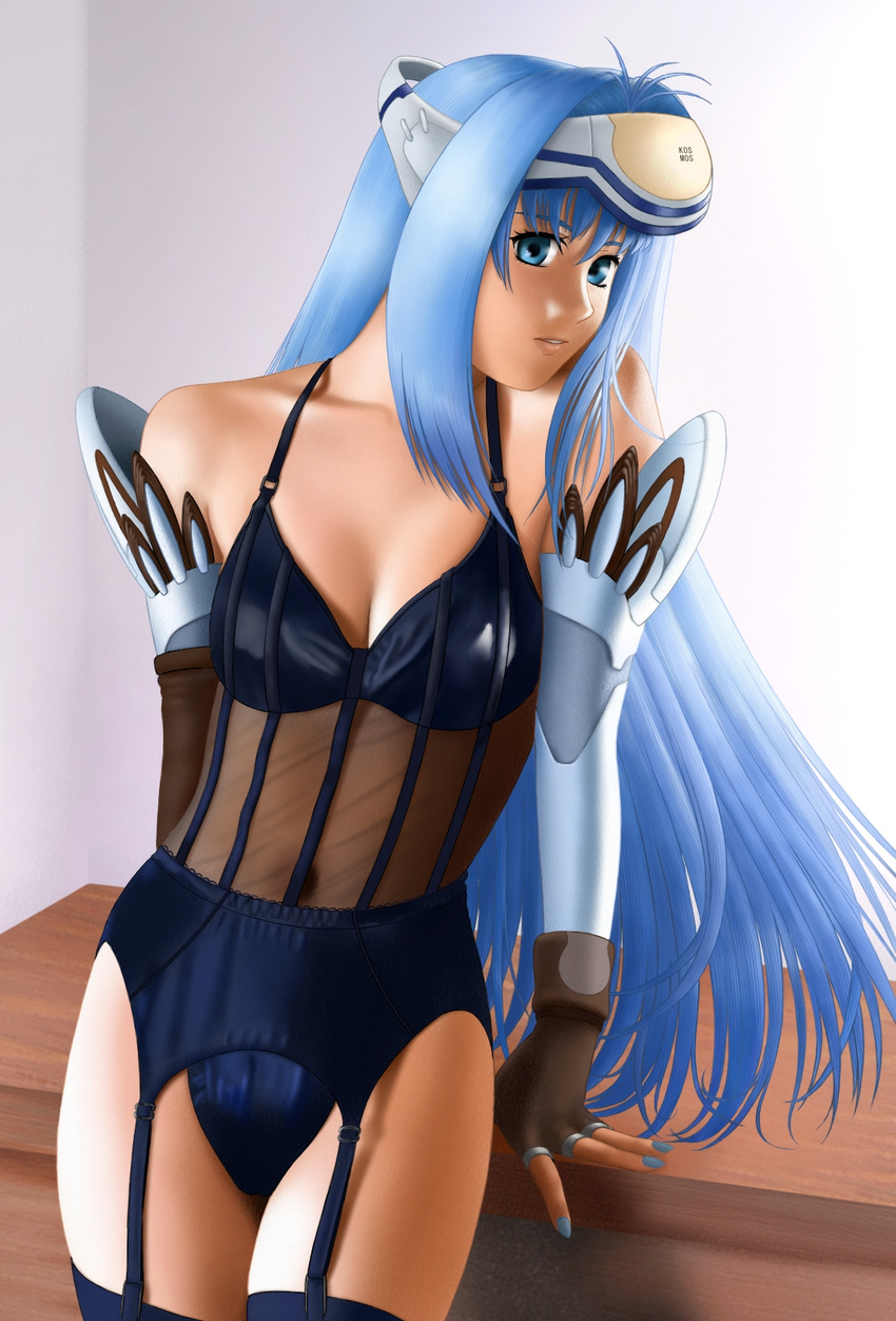 android blue_eyes blue_hair commentary_request elbow_gloves female garterbelt gloves high_res kos-mos long_hair pants raku_soukutsu see_through solo stockings thighhighs xeno_(series) xenosaga