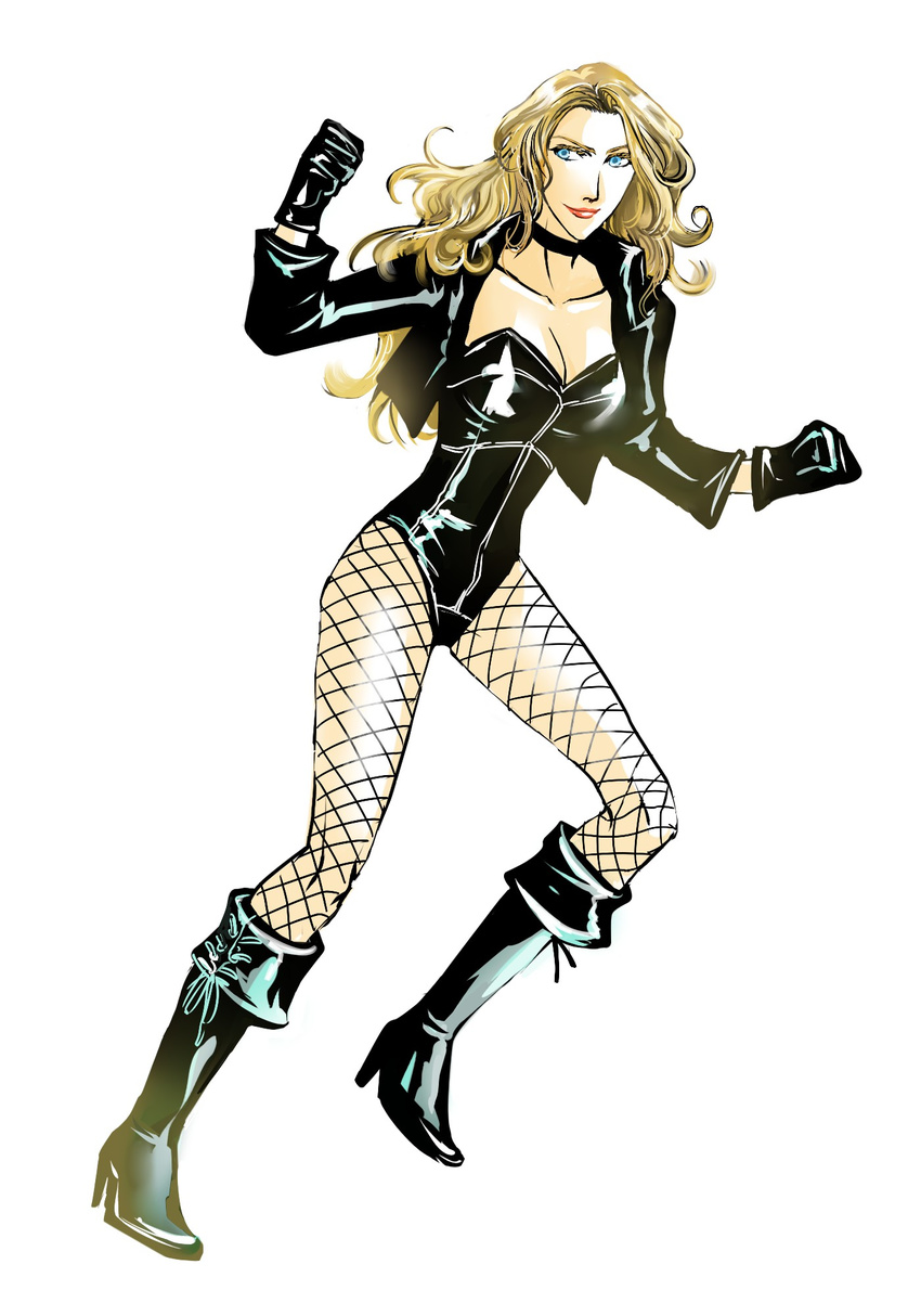 black_canary blonde_hair blue_eyes boots dc_comics female fishnets full_body gloves jacket leotard petri simple_background solo white_background