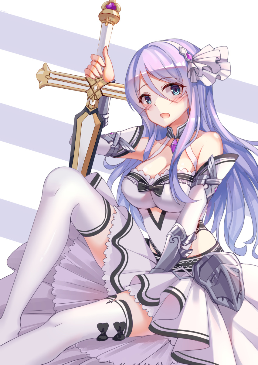 absurdres boots bow breasts cleavage detached_sleeves dress female gauntlets hair_between_eyes hairband highres princess_connect! purple_hair shizuru_(princess_connect!) solo sword thigh_boots thighhighs watchdog_rol_(y1104280730) weapon white_dress white_sleeves white_thighhighs