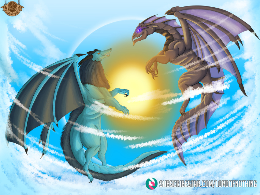 blue_body cloud dragon flying fuzzy_tail glowing glowing_eyes lordofnothin1 mythological_creature mythological_scalie mythology purple_body scalie sky sun