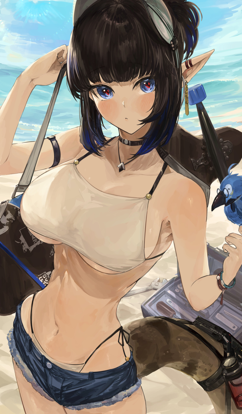 :< absurdres arknights arm_strap bag beach bikini bird black_hair blue_eyes blue_hair blue_shorts blue_sky blush breasts closed_mouth cloud cloudy_sky commentary_request day denim denim_shorts duffel_bag ear_piercing eunectes_(arknights) eunectes_(forgemaster)_(arknights) female highleg highleg_bikini highres kajuu large_breasts looking_at_viewer navel ocean parrot piercing pointy_ears shorts side-tie_bikini_bottom sky snake_tail solo spaghetti_strap stomach swimsuit tail toolbox underboob white_bikini wrench