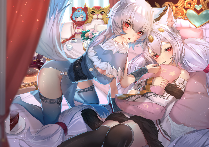 3girls absurdres animal_ear_hood animal_ears black_thighhighs blue_dress blue_eyes blue_hair blue_thighhighs bracer breasts cake cake_slice character_request cup dress facial_mark food fur-trimmed_jacket fur_trim grey_hair haku_u_0818 highres hood hugging_object jacket long_hair multiple_girls off-shoulder_jacket off_shoulder on_bed panilla_the_revival pillow pillow_hug plate red_eyes sideboob star_(symbol) star_print tail teacup teapot thighhighs thighs whisker_markings white_jacket