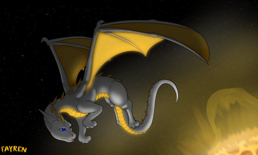 2024 blep blue_eyes dragon fayren fayren_(dr.chips) feral glowing hi_res horn male membrane_(anatomy) membranous_wings mythological_creature mythological_scalie mythology scales scalie solo space star sun tongue tongue_out white_body wings yellow_body yellow_scales