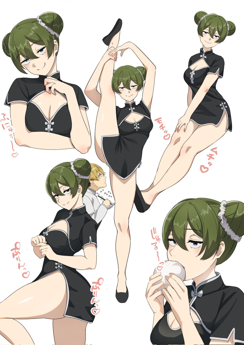 1boy alternate_costume alternate_hairstyle baozi black_dress black_footwear blonde_hair breasts china_dress chinese_clothes cleavage closed_mouth commentary_request double_bun dress eating female food glasses green_hair hair_between_eyes hair_bun highres land_(sousou_no_frieren) looking_at_panties looking_at_viewer medium_breasts multiple_views purple_eyes short_hair smile sousou_no_frieren split standing standing_on_one_leg standing_split taking_notes translation_request ubel_(sousou_no_frieren) white_background yami_anko