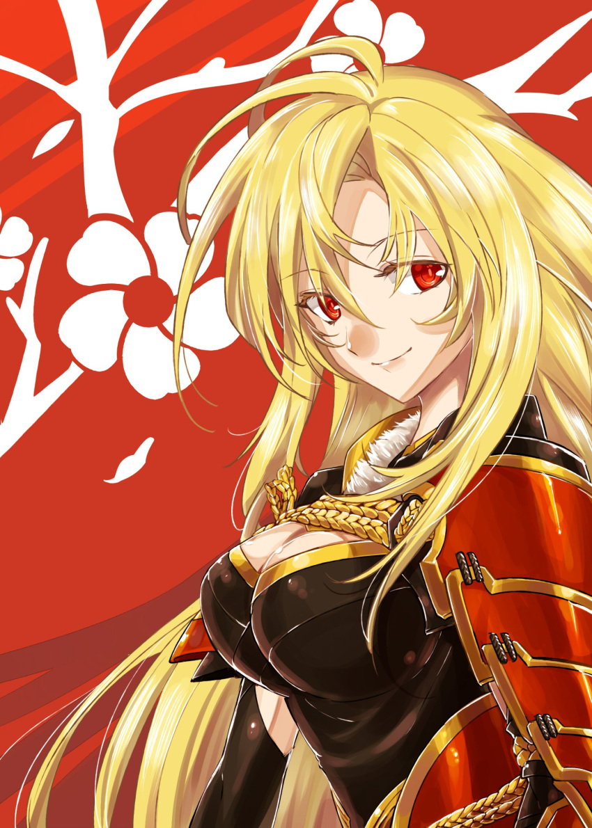 armor black_dress blonde_hair closed_mouth commentary_request dress female floating_hair floral_background highres japanese_armor long_hair looking_at_viewer onasu_(sawagani) onikiri_yasutsuna red_eyes rope shoulder_armor smile sode solo tenka_hyakken upper_body