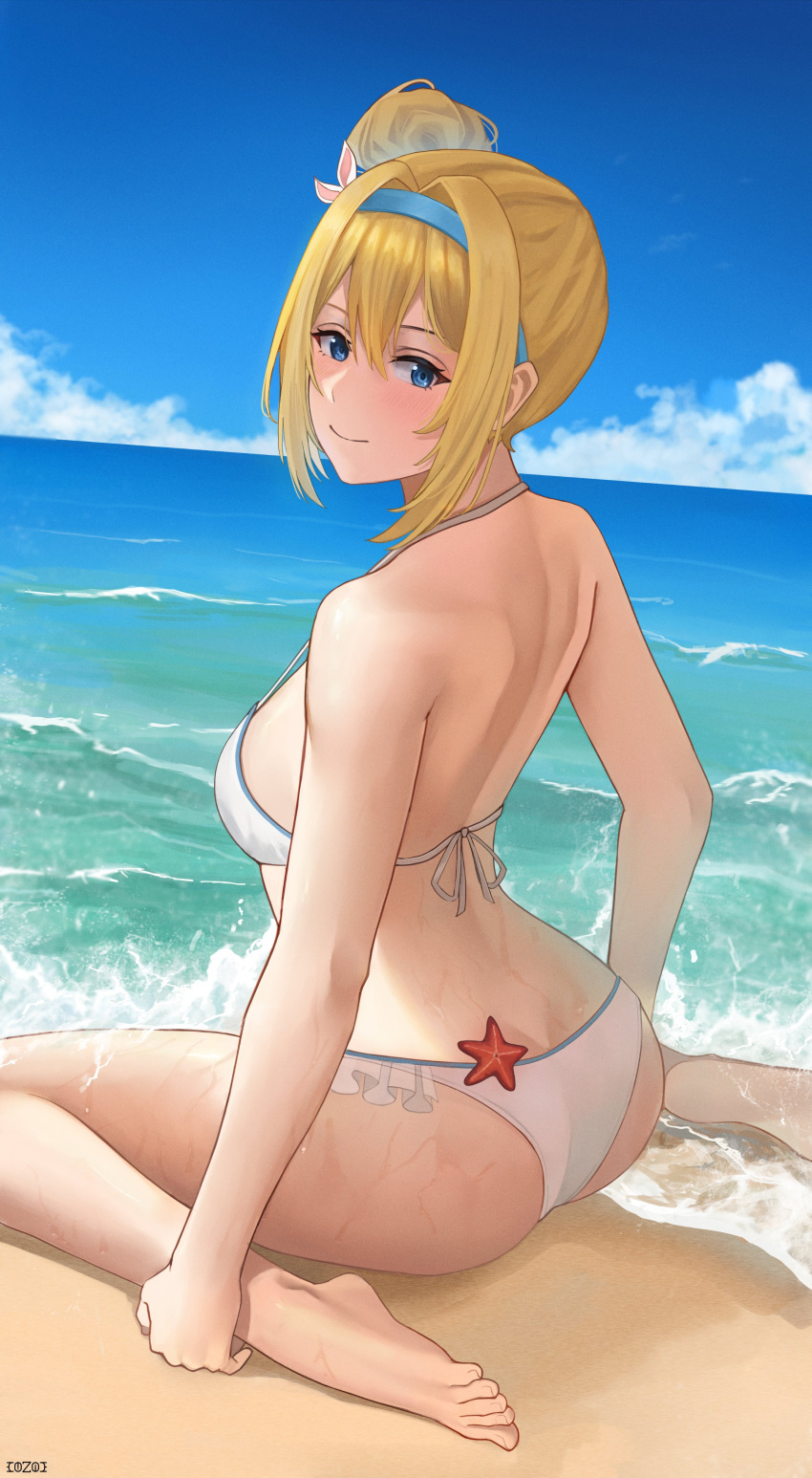 absurdres ass beach bikini blonde_hair blue_eyes blue_hairband blue_sky closed_mouth cloud cloudy_sky cozie178 english_commentary female frilled_bikini frills full_body girls'_frontline hair_bun hairband highres looking_at_viewer looking_back ocean official_alternate_costume official_alternate_hairstyle sand sidelocks single_hair_bun sitting sky smile solo starfish suomi_(girls'_frontline) suomi_(midsummer_pixie)_(girls'_frontline) swimsuit wariza white_bikini