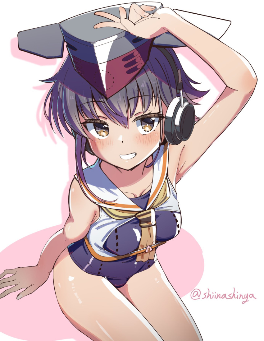 asymmetrical_hair black_hair black_one-piece_swimsuit blush breast_cutout brown_eyes brown_neckerchief female framed_breasts gloves grey_neckerchief hair_between_eyes hat headphones highres i-14_(kancolle) kantai_collection liking looking_at_viewer neckerchief one-piece_swimsuit partially_fingerless_gloves sailor_collar school_swimsuit shirt short_hair single_glove sitting smile solo swimsuit swimsuit_under_clothes twitter_username white_background white_sailor_collar