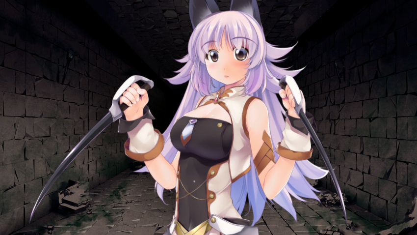 animal_ears atelier-moo bare_shoulders blush breasts clenched_hands closed_mouth dagger detached_sleeves dungeon female grey_eyes highres holding holding_dagger holding_knife holding_weapon knife large_breasts lips long_hair long_sideburns mana_(our_battle_has_just_begun!) narrow_waist our_battle_has_just_begun! purple_hair sideburns sleeveless solo surprised upper_body v-shaped_eyebrows very_long_hair w_arms weapon wide-eyed wolf_ears wolf_girl