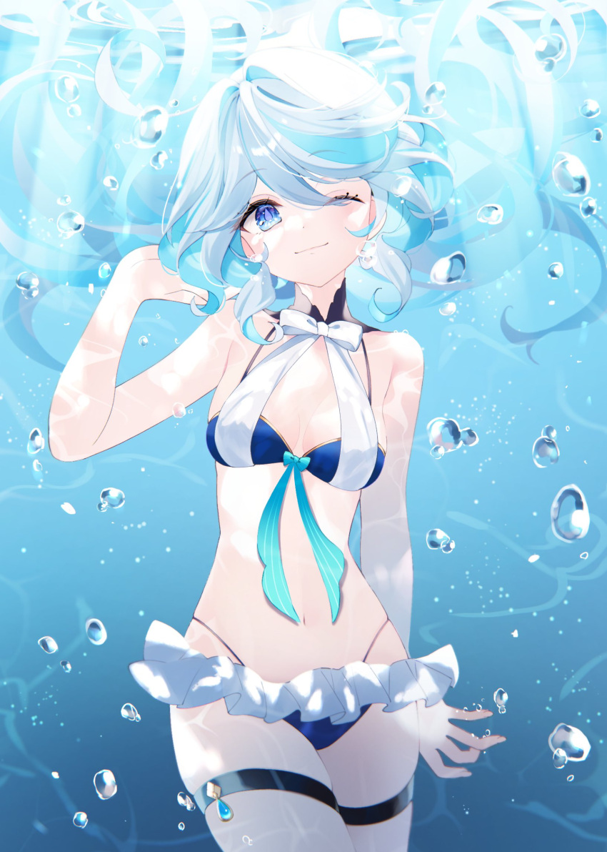 ahoge air_bubble bikini blue_bikini blue_eyes blue_hair bubble closed_mouth cowboy_shot dappled_sunlight female furina_(genshin_impact) genshin_impact hair_between_eyes highres light_blue_hair long_hair looking_at_viewer navel one_eye_closed outdoors pomepome1207 sidelocks smile solo sunlight swimsuit underwater white_hair