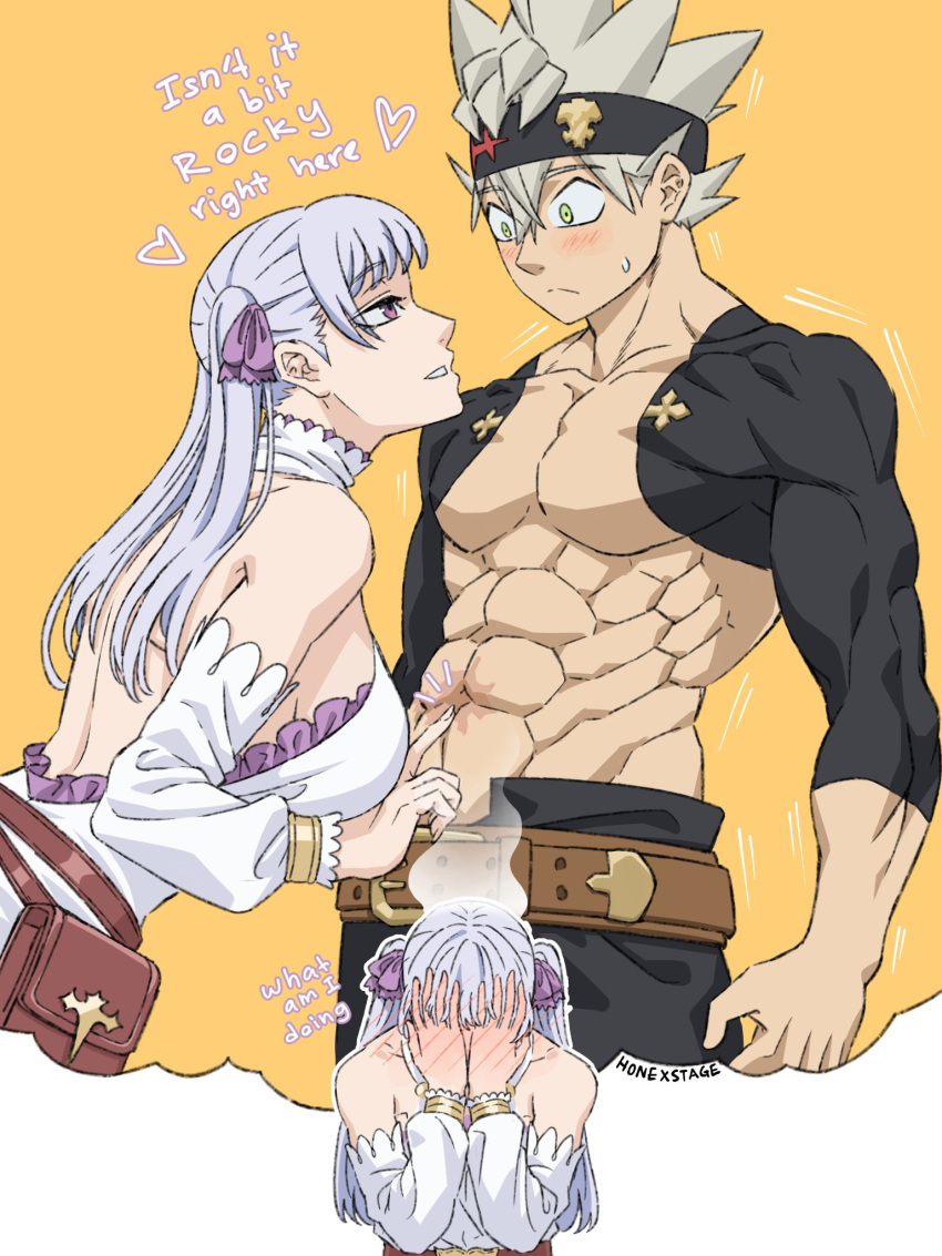 1boy asta_(black_clover) backless_outfit bare_shoulders black_clover black_headband blush breasts covering_face detached_sleeves embarrassed face_in_hands female flirting grey_hair headband highres honexstage large_breasts leaning_forward looking_at_another muscular muscular_male noelle_silva purple_eyes purple_ribbon ribbon standing twintails wide-eyed