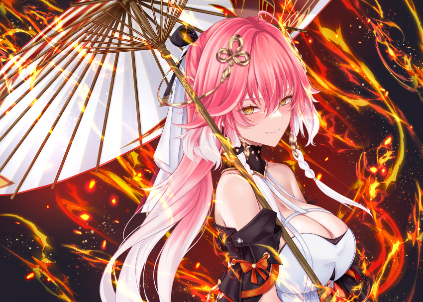 ahoge bare_shoulders black_bow black_sleeves blush bow braid breasts bright_pupils changli_(wuthering_waves) cleavage colored_extremities commentary detached_sleeves dress female fire from_side hair_between_eyes hair_extensions hair_ornament hairbow halterneck highres holding holding_umbrella large_breasts long_hair looking_at_viewer multicolored_hair oil-paper_umbrella pink_hair rain_(rain910) red_hands smile solo tacet_mark_(wuthering_waves) twin_braids two-tone_hair umbrella upper_body very_long_hair white_bow white_dress white_hair white_pupils wuthering_waves yellow_eyes