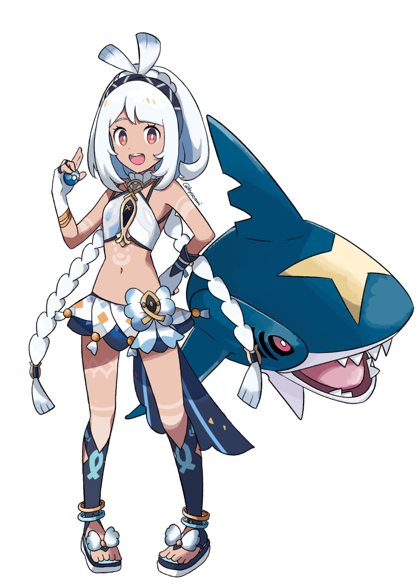 blue_hair body_markings character_request crossover dive_ball fish-shaped_pupils full_body genshin_impact gradient_hair highres holding kyooami long_hair low-braided_long_hair low-tied_long_hair multicolored_hair navel parody poke_ball pokemon red_eyes sharpedo simple_background style_parody tan very_long_hair white_background