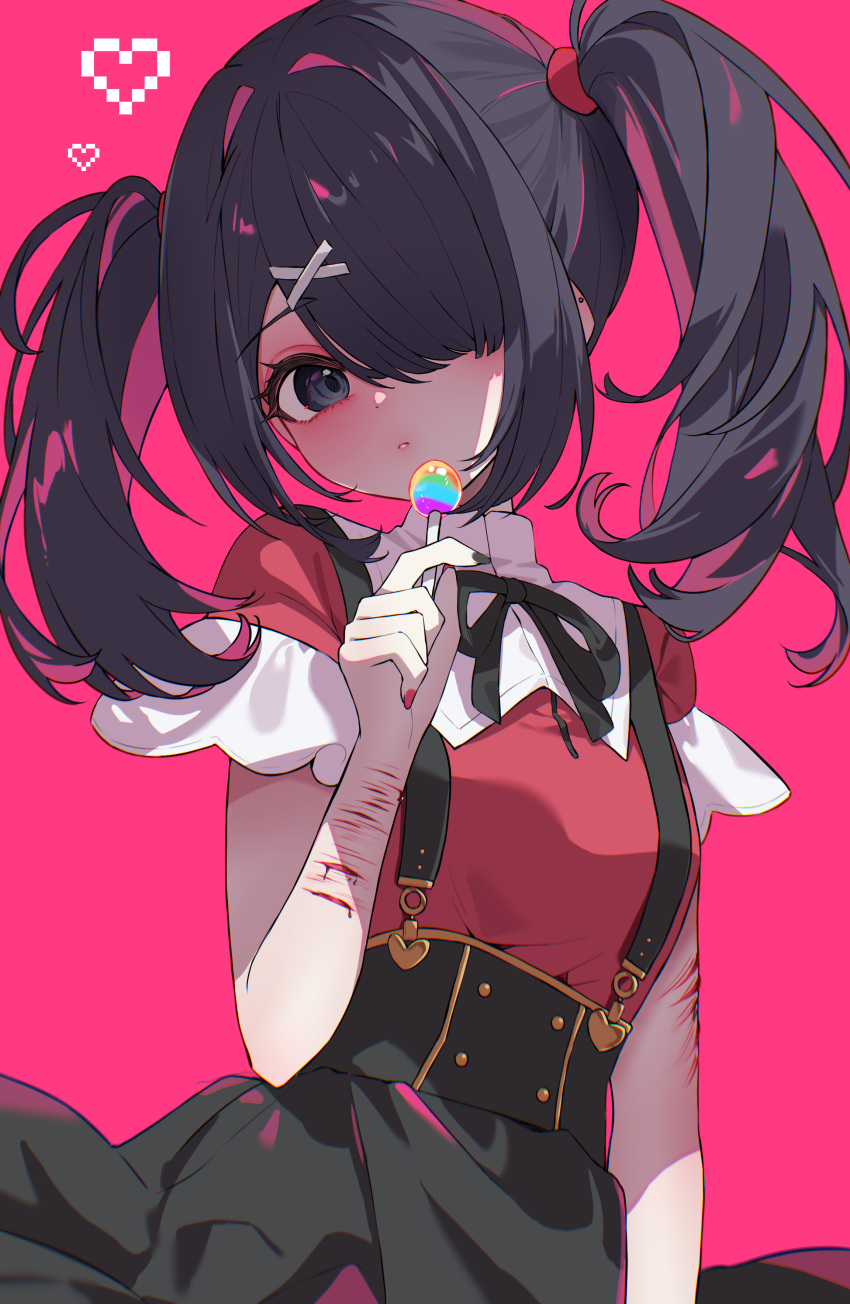 absurdres ame-chan_(needy_girl_overdose) black_eyes black_hair black_ribbon black_skirt candy daimi_94 female food hair_ornament hair_over_one_eye high-waist_skirt highres holding holding_candy holding_food holding_lollipop lollipop long_hair neck_ribbon needy_girl_overdose pink_background red_shirt ribbon scar scar_on_arm self-harm_scar shirt skirt solo suspender_skirt suspenders twintails x_hair_ornament