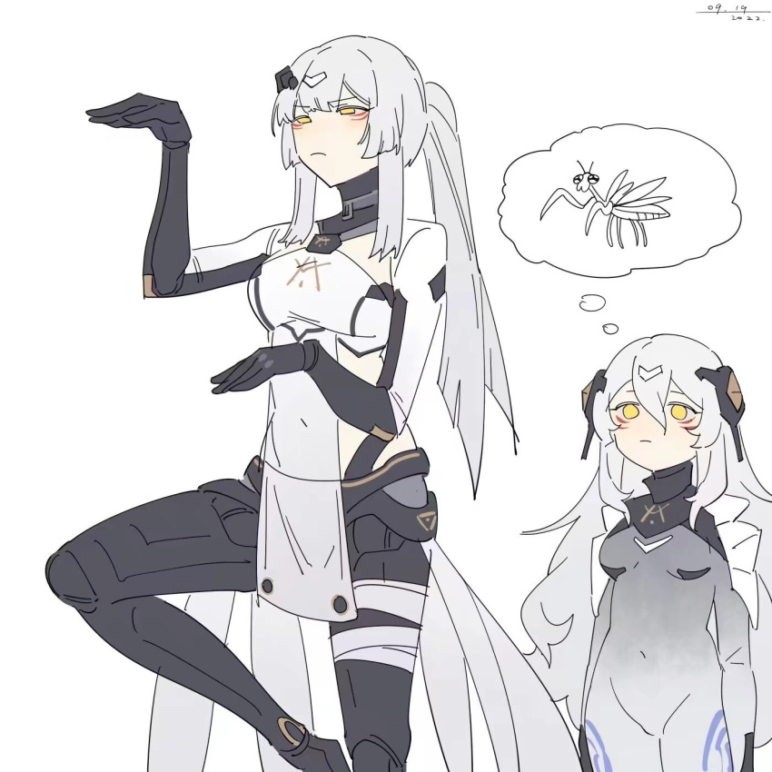 2girls bodysuit closed_mouth dated girls'_frontline grey_bodysuit highres long_hair multiple_girls nyto_(girls'_frontline) pelvic_curtain ponytail praying_mantis simple_background standing standing_on_one_leg thought_bubble white_background yellow_eyes zocehuy