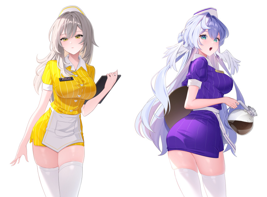 2girls alternate_costume apron aqua74286 ass breasts buttons character_name closed_mouth collared_shirt contrapposto cowboy_shot cropped_legs from_behind green_eyes grey_hair hand_up head_wings heart_button highres holding holding_coffee_pot holding_menu holding_tray honkai:_star_rail honkai_(series) impossible_clothes impossible_shirt large_breasts long_hair looking_at_viewer looking_back menu miniskirt multiple_girls name_tag nameplate open_mouth pencil_skirt purple_eyes purple_shirt purple_skirt robin_(honkai:_star_rail) shirt short_sleeves simple_background skindentation skirt stelle_(honkai:_star_rail) striped_clothes taut_clothes taut_shirt thighhighs trailblazer_(honkai:_star_rail) tray vertical-striped_clothes very_long_hair waist_apron waitress white_background white_thighhighs white_trim white_wings wings yellow_eyes yellow_shirt yellow_skirt