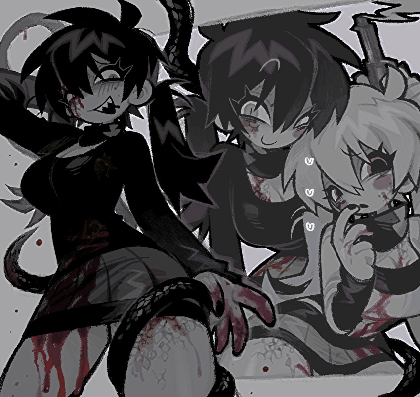 2girls :o absurdres black_hair blood blood_on_face blood_on_hands blood_on_leg blush breasts cleavage_cutout clothing_cutout colored_skin cowboy_shot dark_konoha furrowed_brow genderswap_(mtf) grey_skin gun hair_between_eyes heart highres kagerou_project konoha_(kagerou_project) large_breasts limited_palette long_sleeves looking_at_viewer looking_down miniskirt multiple_girls multiple_views pink_eyes raised_eyebrows rule_63 scales sharp_teeth skirt smile snake_tail sweater tail teeth thick_eyelashes tonkatsu184 twintails weapon white_hair