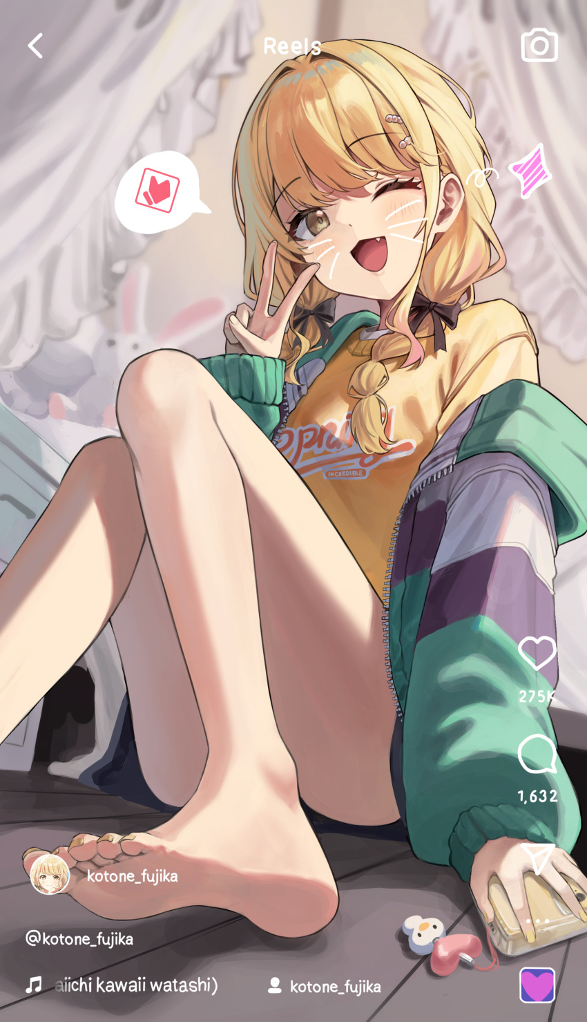 ;d absurdres bare_legs barefoot blonde_hair blush drawn_whiskers female fujita_kotone gakuen_idolmaster highres idolmaster indoors instagram jacket knees_together_feet_apart knees_up looking_at_viewer multicolored_clothes multicolored_jacket oerba_yun_fang one_eye_closed puto_(put_to_) shirt sitting smile soles solo sparkle spoken_emoji thumbs_up_emoji toes v yellow_eyes yellow_shirt