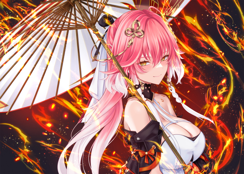 ahoge bare_shoulders black_bow black_sleeves blush bow braid breasts bright_pupils changli_(wuthering_waves) cleavage colored_extremities commentary detached_sleeves dress female fire from_side hair_between_eyes hair_extensions hair_ornament hairbow halterneck highres holding holding_umbrella large_breasts long_hair looking_at_viewer multicolored_hair oil-paper_umbrella pink_hair rain_(rain910) red_hands revision smile solo tacet_mark_(wuthering_waves) twin_braids two-tone_hair umbrella upper_body very_long_hair white_bow white_dress white_hair white_pupils wuthering_waves yellow_eyes