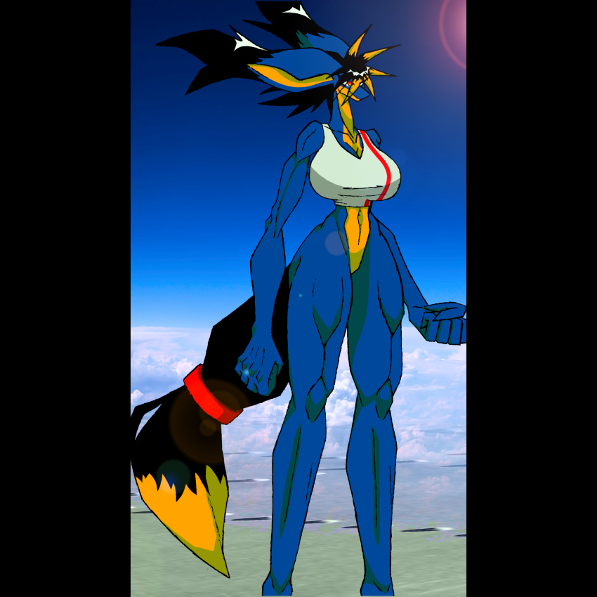 anthro big_breasts big_ears big_hands bottomless breasts chokinghazard clothed clothing female hair hi_res humanoid larger_female long_arms long_legs long_limbs long_neck long_tail muscular muscular_female muscular_humanoid muscular_thighs shirt size_difference solo spiky_hair tail tall tank_top topwear topwear_only valence_(chokinghazard)