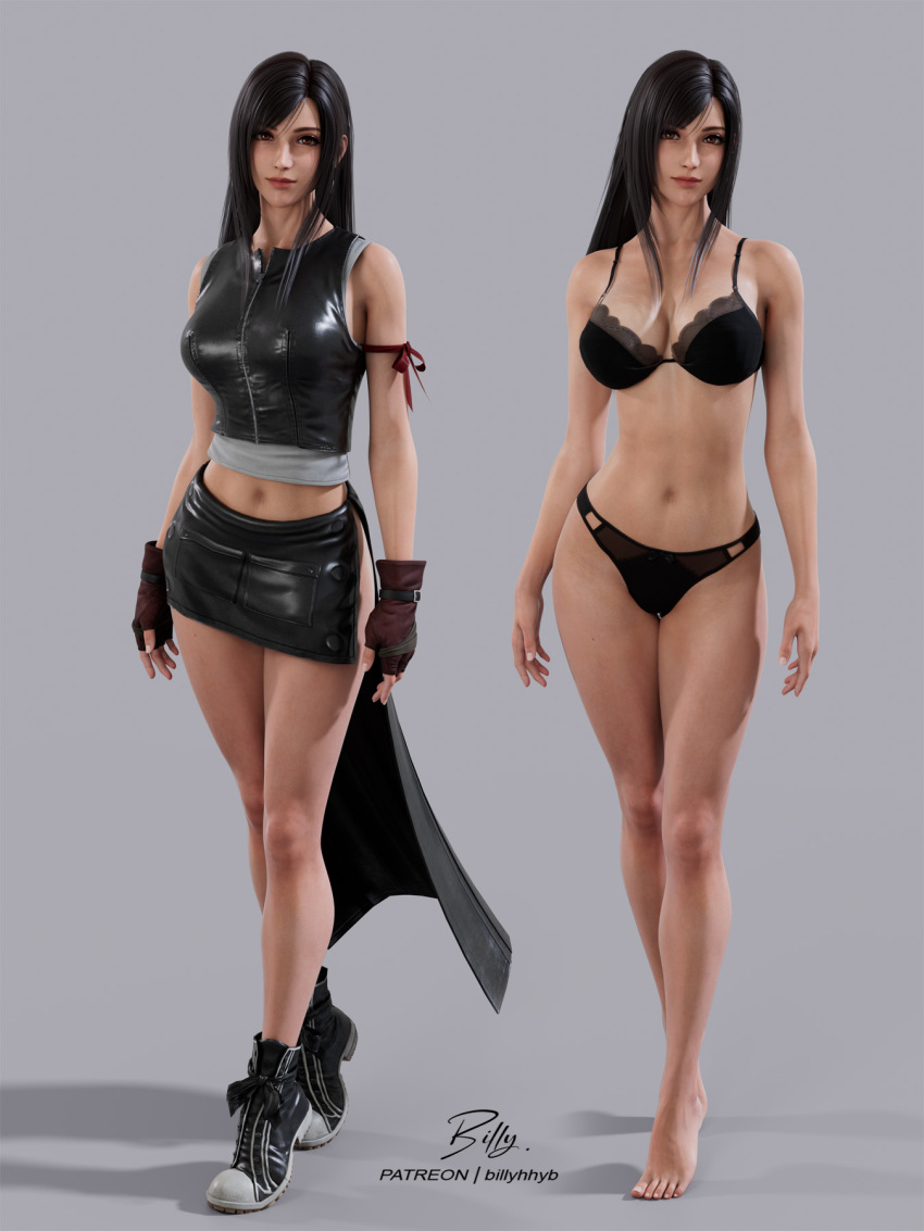 artist_name bare_legs bare_shoulders billyhhyb black_bra black_footwear black_hair black_panties black_shirt black_skirt bra breasts crop_top female final_fantasy final_fantasy_vii final_fantasy_vii_advent_children final_fantasy_vii_remake fingerless_gloves gloves highres jewelry long_hair looking_at_viewer midriff miniskirt navel panties patreon_username red_eyes shirt skirt sleeveless solo thighs tifa_lockhart underwear