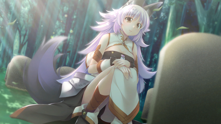 animal_ears atelier-moo bare_shoulders breasts brown_eyes cleavage closed_mouth detached_sleeves female forest full_body furrowed_brow hair_between_eyes highres large_breasts lips long_hair looking_to_the_side mana_(our_battle_has_just_begun!) nature our_battle_has_just_begun! smile solo squatting tail thighs very_long_hair wolf_ears wolf_girl wolf_tail